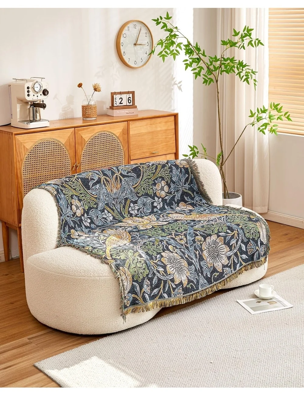 Floral Bird Woven Throw Blanket - Navy, Gold, Green 50X70